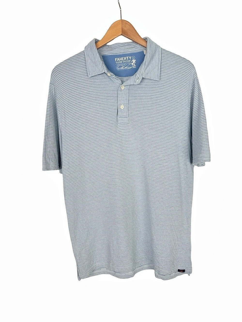 Faherty Cloud Cotton Men’s Polo Striped Blue & White Shirt Size L